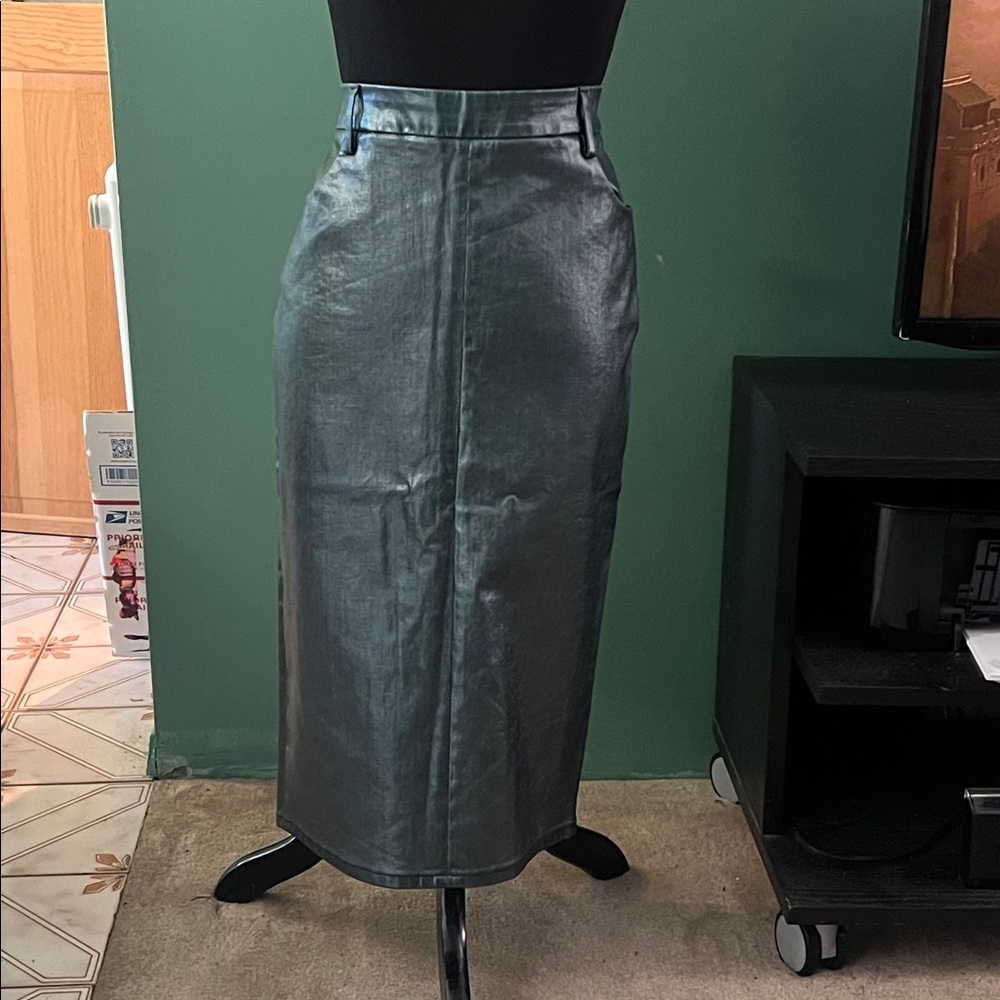 Metallic Green Faux Leather Midi Skirt